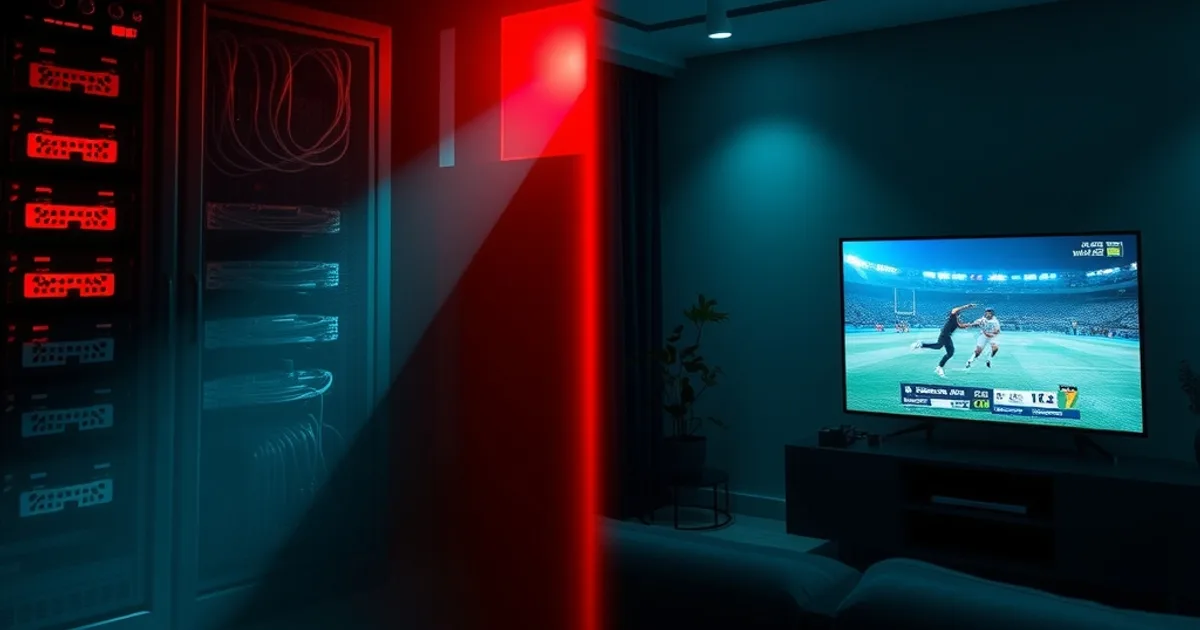 Scène sombre et cinématographique contrastant un serveur pirate qui s'éteint dans l'obscurité avec un salon moderne où la télévision continue de diffuser un match en toute stabilité.