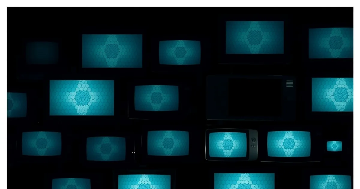 Rangée d'écrans dans l'obscurité recevant un flux vidéo, certains nets et lumineux, d'autres légèrement pixelisés, illustrant la compatibilité inégale des appareils avec le codec AV1