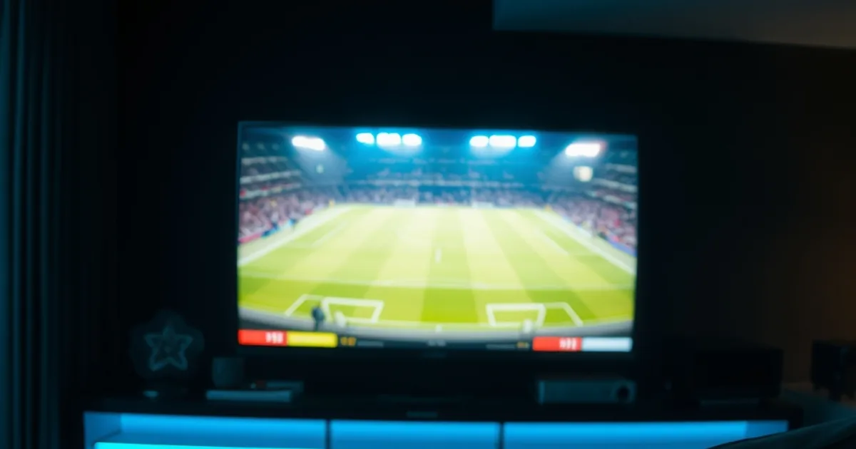 Salon plongé dans la pénombre avec un téléviseur 4K diffusant un match de football en direct, ambiance cinématique bleutée