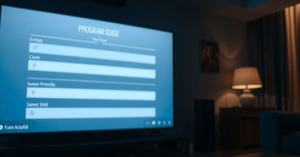 Écran de télévision dans un salon sombre affichant un guide des programmes partiellement vide, ambiance nocturne bleutée