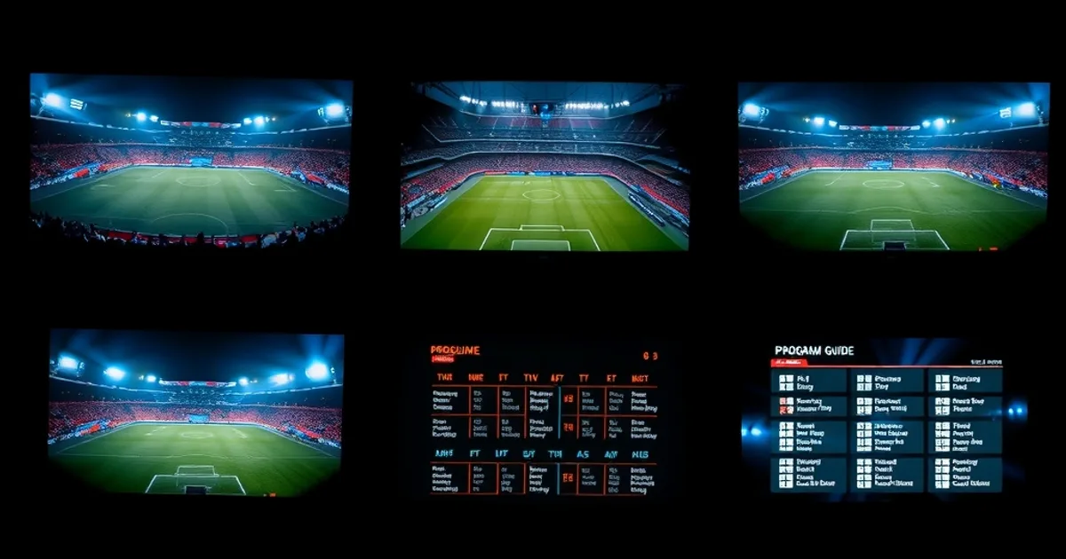 Mur d'écrans sombres diffusant plusieurs stades de football éclairés la nuit, avec un guide des programmes lumineux superposé sur l'un des écrans