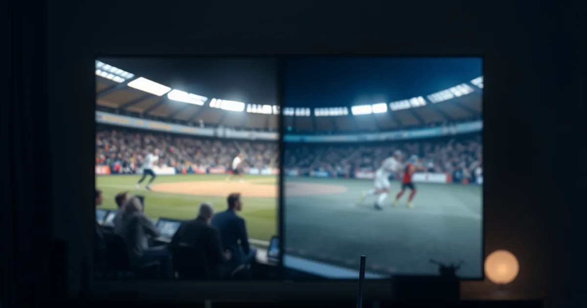 Téléviseur 4K dans un salon sombre, moitié de l'image nette et moitié floue illustrant la différence entre vraie 4K et upscale