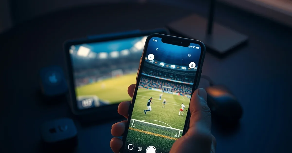 Main tenant un iPhone diffusant un match en direct, avec un iPad et une Apple TV en arrière-plan dans une ambiance sombre et cinématique
