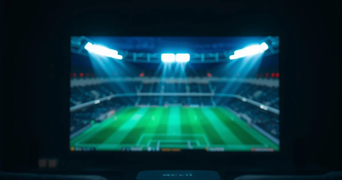 Salon plongé dans la pénombre avec un grand téléviseur diffusant les lumières abstraites d'un stade de football et un boîtier de streaming allumé au premier plan