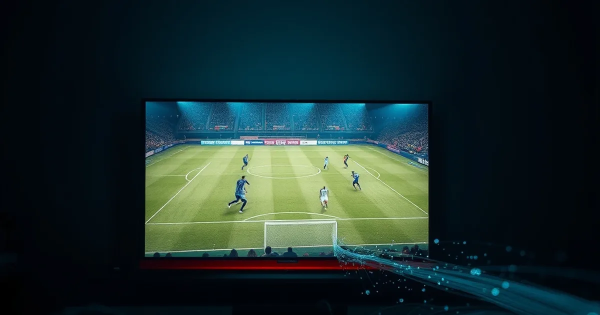 Téléviseur affichant un match de football en Ultra HD net dans un salon sombre, avec des filaments de lumière évoquant un flux de données compressées