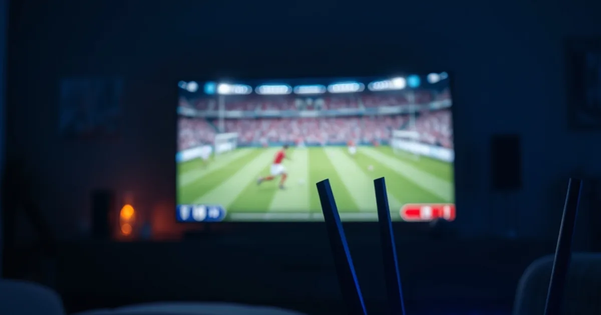 Salon sombre la nuit, écran de télévision diffusant un match de football en direct, câble Ethernet et adaptateur au premier plan près d'un routeur aux LED bleues allumées