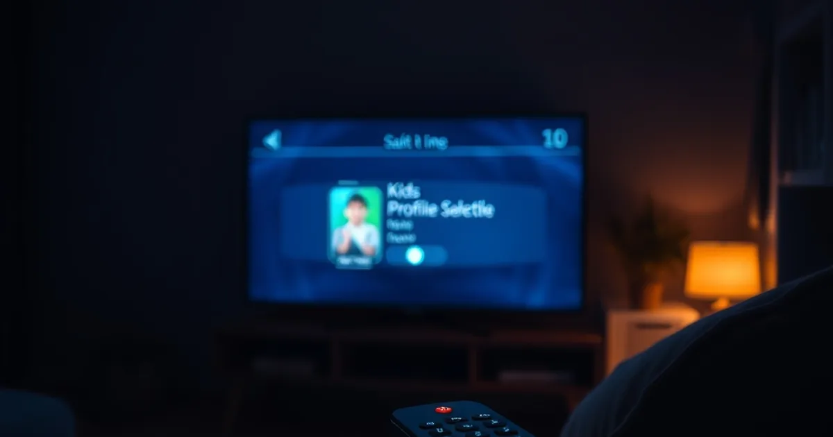 Salon sombre et chaleureux avec une télévision affichant un écran de sélection de profil enfant verrouillé par un cadenas, télécommande au premier plan