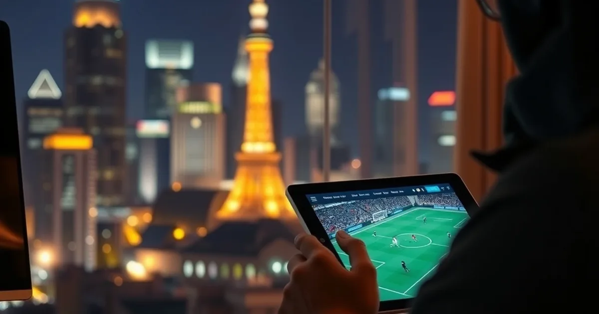 Un expatrié suit un match de Ligue 1 en direct sur une tablette, de nuit, avec une skyline étrangère en arrière-plan