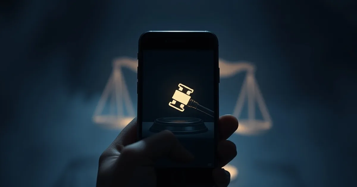Smartphone affichant une interface de streaming avec en surimpression la silhouette d'un marteau de justice, ambiance sombre et cinématique