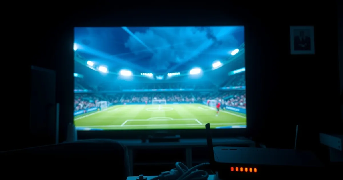 Salon sombre et cinématographique avec un téléviseur diffusant un stade de football sous les projecteurs, câble Ethernet visible vers un routeur