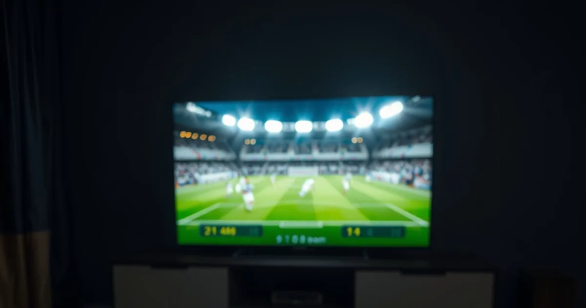 Salon sombre éclairé par un téléviseur OLED diffusant un match de football en direct, avec un boîtier streaming posé sur la console au premier plan