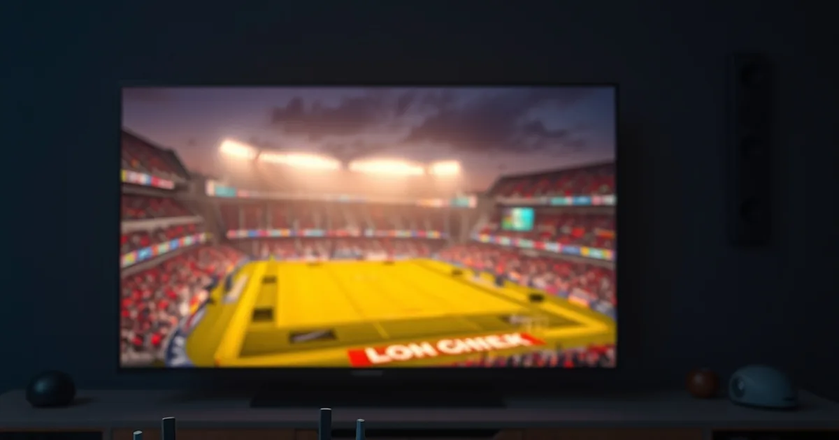 Salon sombre et cinématographique avec un téléviseur 4K diffusant un stade de football éclairé, un routeur Wi-Fi à voyants bleus et des câbles Ethernet bien rangés, ambiance premium avant le coup d'envoi de la Ligue 1.