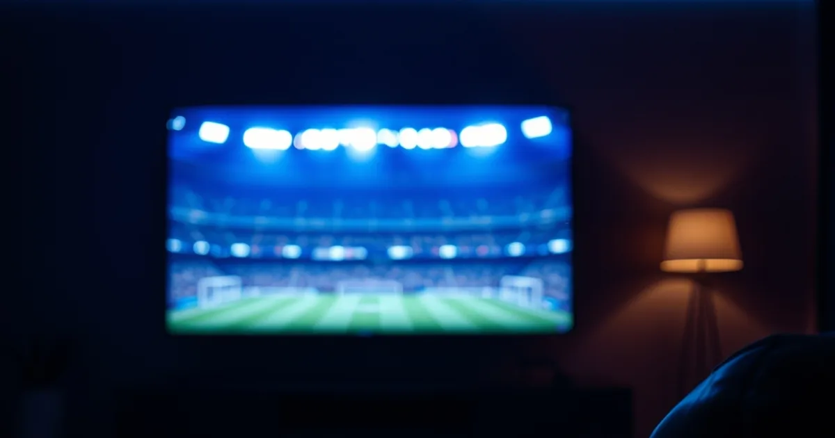 Salon plongé dans la pénombre, éclairé par la lueur bleutée d'un écran diffusant un match de football en direct