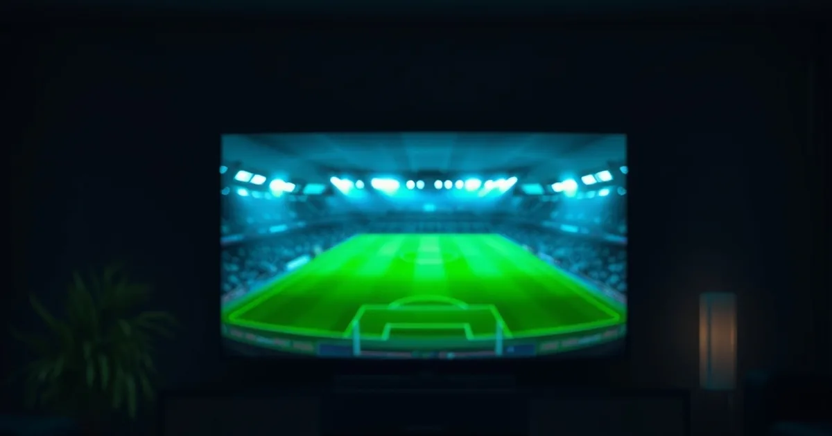 Salon plongé dans le noir avec une télévision diffusant l'ambiance d'un stade de football illuminé, boîtier IPTV et télécommande au premier plan