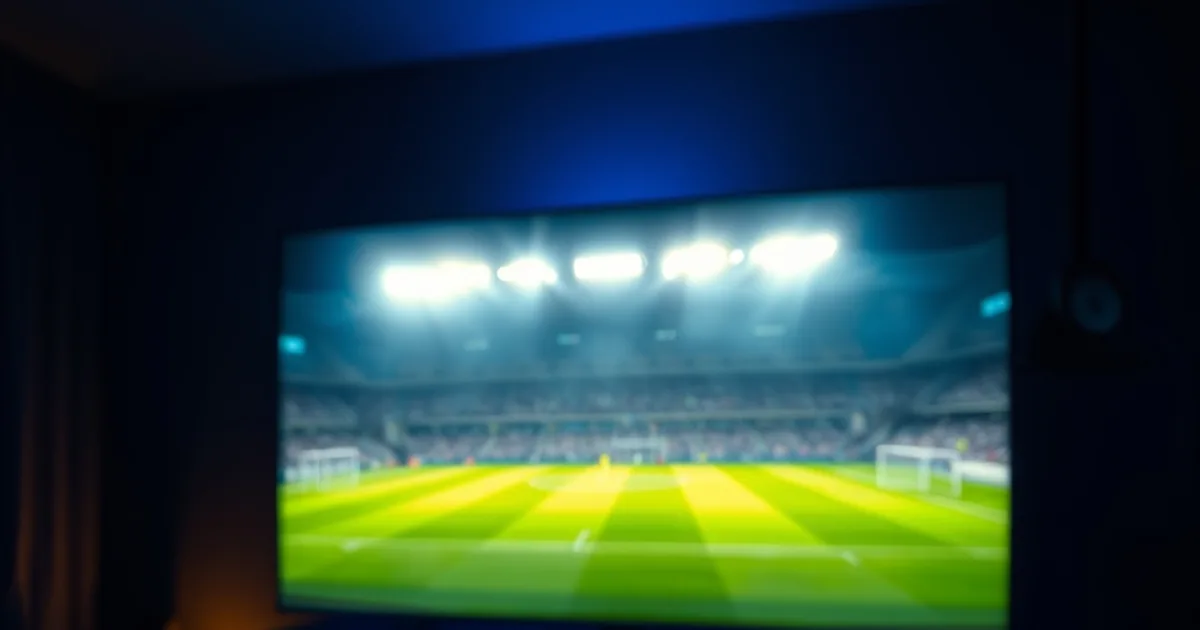 Salon plongé dans la pénombre avec un téléviseur diffusant un stade de football éclairé en soirée