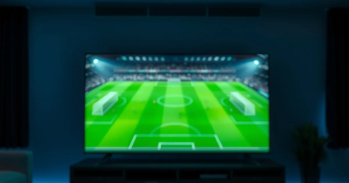 Salon plongé dans la pénombre avec un match de football affiché en 4K sur un grand téléviseur, deux télécommandes posées au premier plan