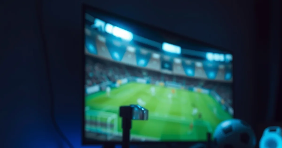Routeur domestique aux voyants allumés avec un câble Ethernet branché, écran de match en arrière-plan flou, ambiance sombre et cinématographique