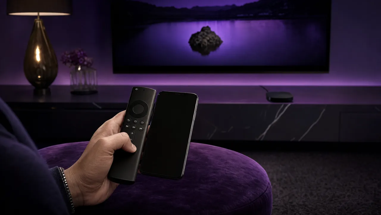 Télécommande devant un téléviseur, illustrant l’installation simple d’Euro IPTV sur Smart TV et Firestick
