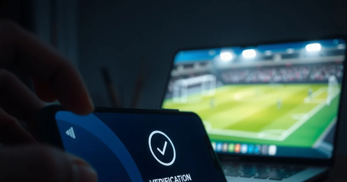 Écran de smartphone affichant une vérification de connexion réussie dans une ambiance sombre et cinématique, avec un écran d'ordinateur flou en arrière-plan diffusant un match de football