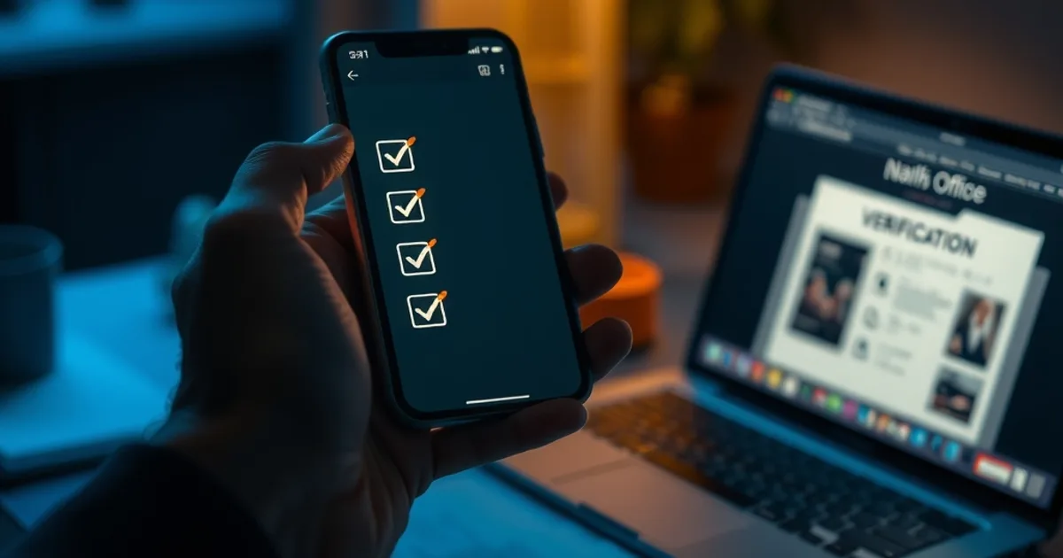 Mains tenant un smartphone affichant une checklist numérique avec des coches lumineuses, ordinateur portable flouté en arrière-plan montrant un écran de vérification, ambiance nocturne bleu et ambre.