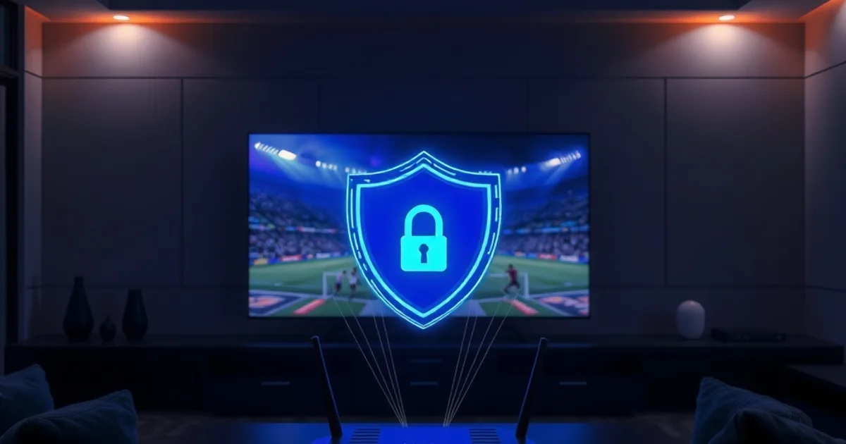 Salon sombre la nuit avec un match de football en direct sur l'écran TV et un flux de données chiffrées symbolisant un VPN entre le routeur et le téléviseur