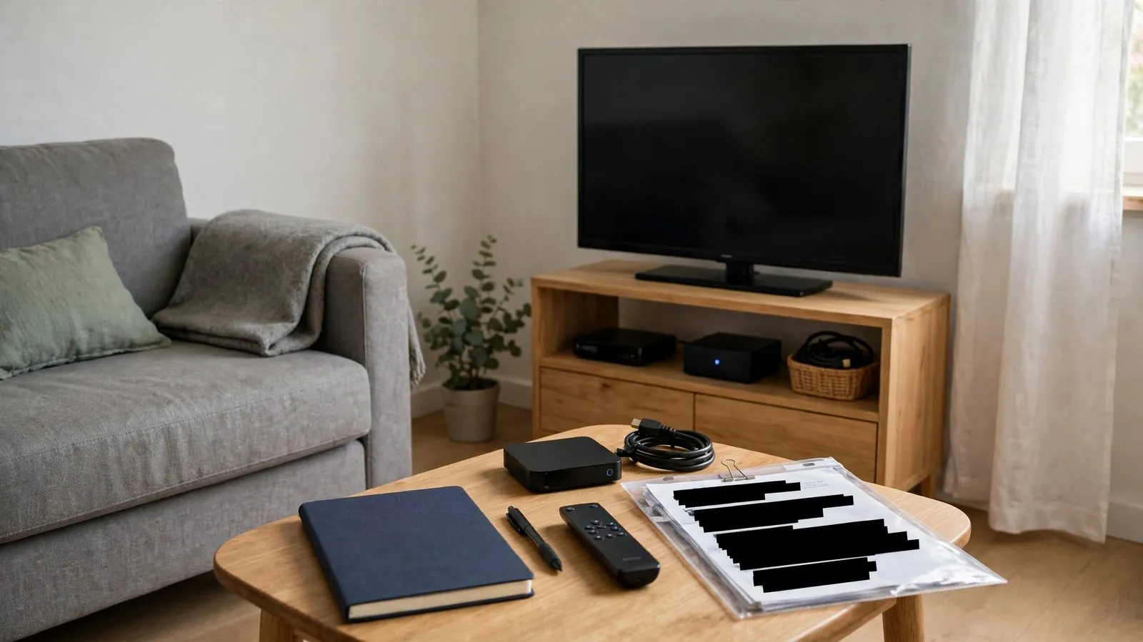 Téléviseur éteint, canapé, carnet avec stylo, télécommande, boîtier noir et documents imprimés aux lignes masquées.