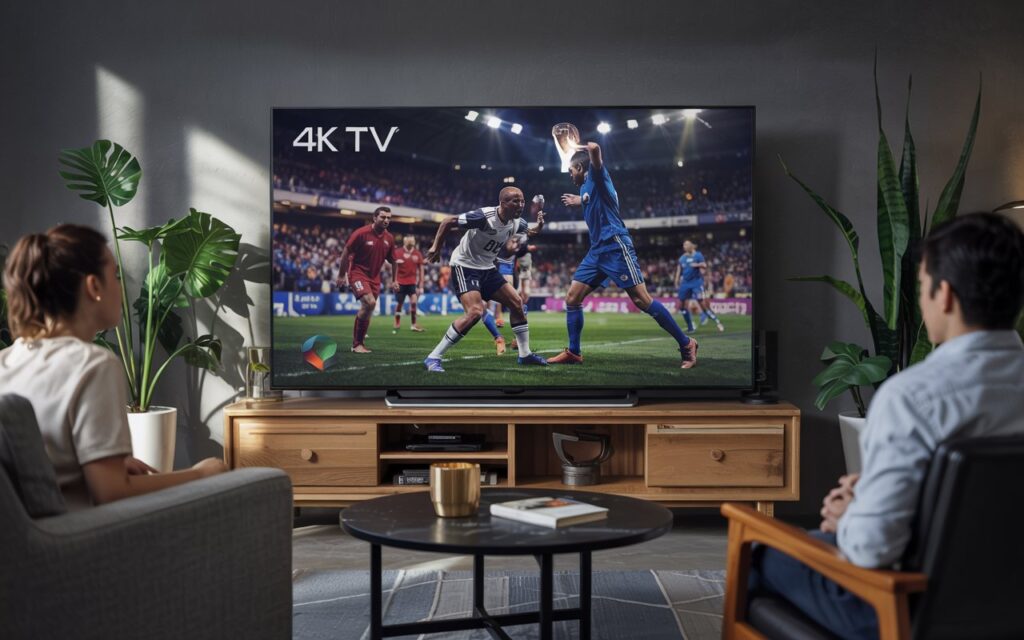 A modern living room scene showing a Smart TV displaying a vibrant 4K quality sports match. The image emphasizes the stunning detail and clarity of IPTV streaming, showcasing the premium viewing experience for sports enthusiasts.