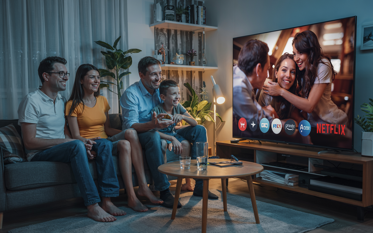 A joyful family enjoying a movie night with IPTV, streaming in high-definition on a modern Smart TV. The screen shows a movie from popular streaming services like Netflix and Amazon Prime, highlighting the seamless and satisfying viewing experience IPTV offers.