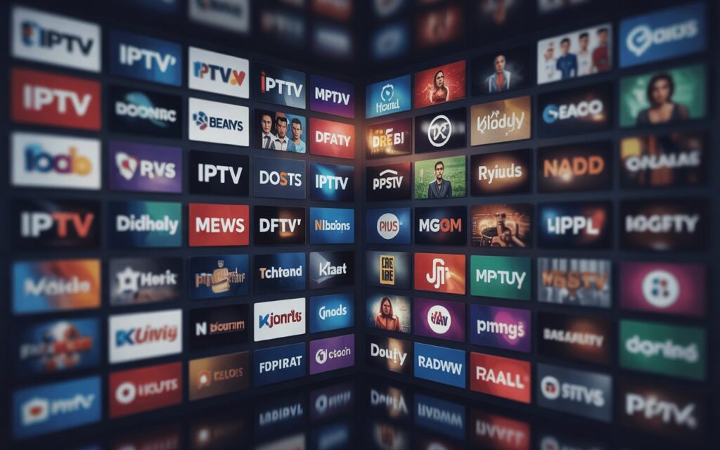 IPTV content library displayed on a tablet, showing a variety of TV channels, movies, and on-demand shows across different genres like sports, news, and entertainment.